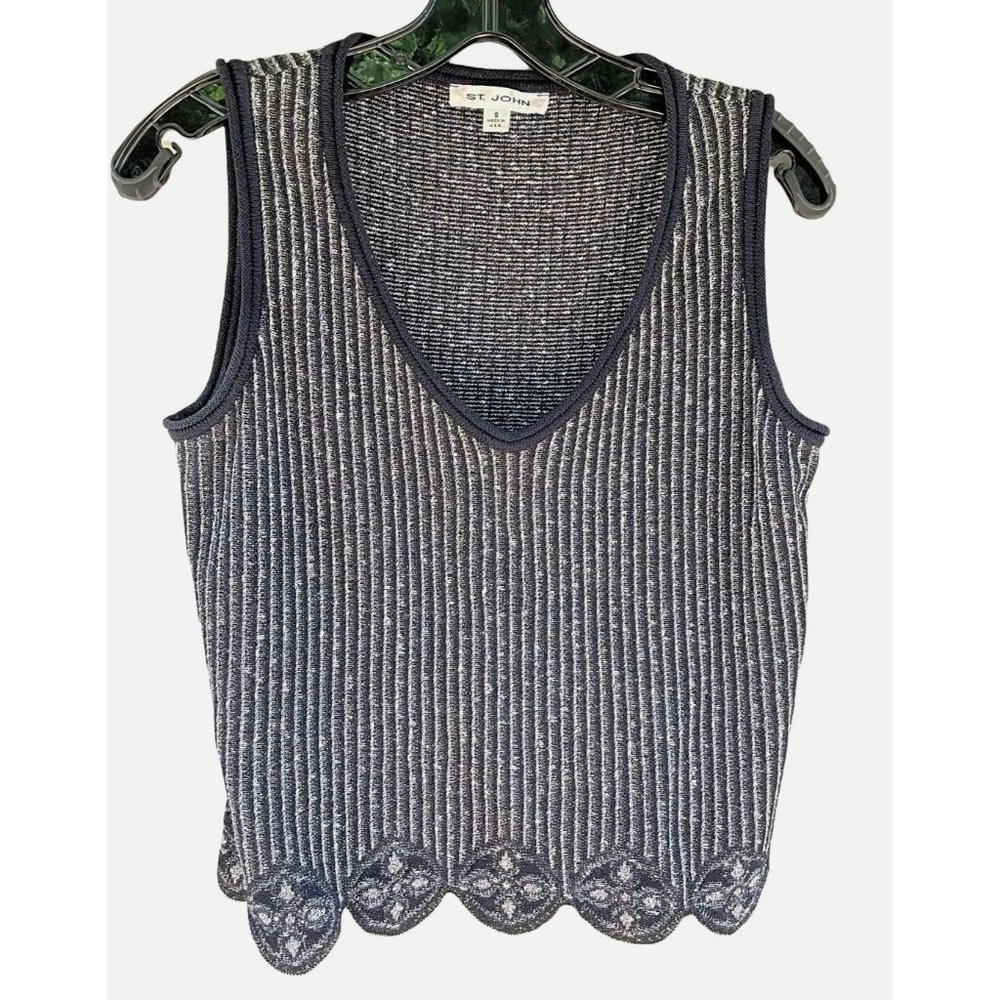 St. John Collection Black & White Stripe Sleeveless Knit, Size Small